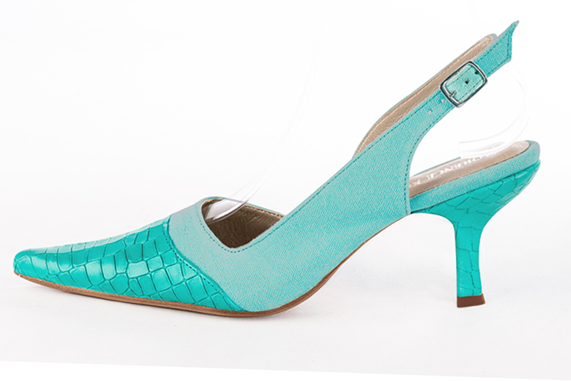 Aquamarine blue women's slingback shoes. Pointed toe. High spool heels. Profile view - Florence KOOIJMAN